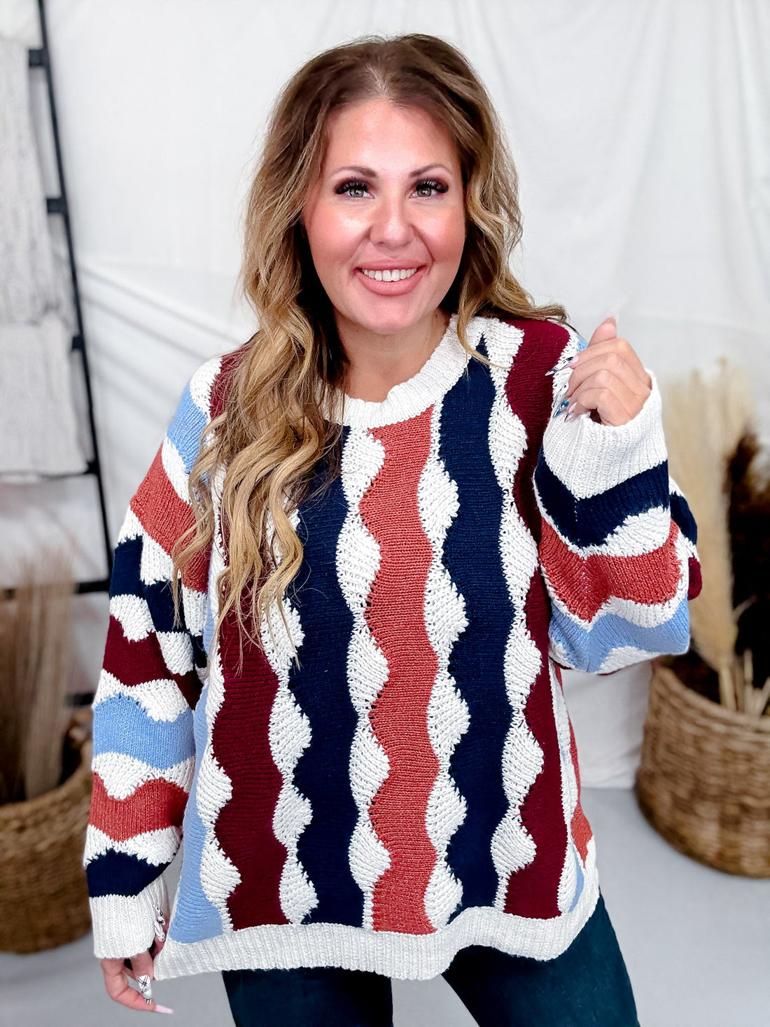 Wavy Pattern Multi Color Long Sleeve Sweater Top - Whiskey Skies - J.NNA
