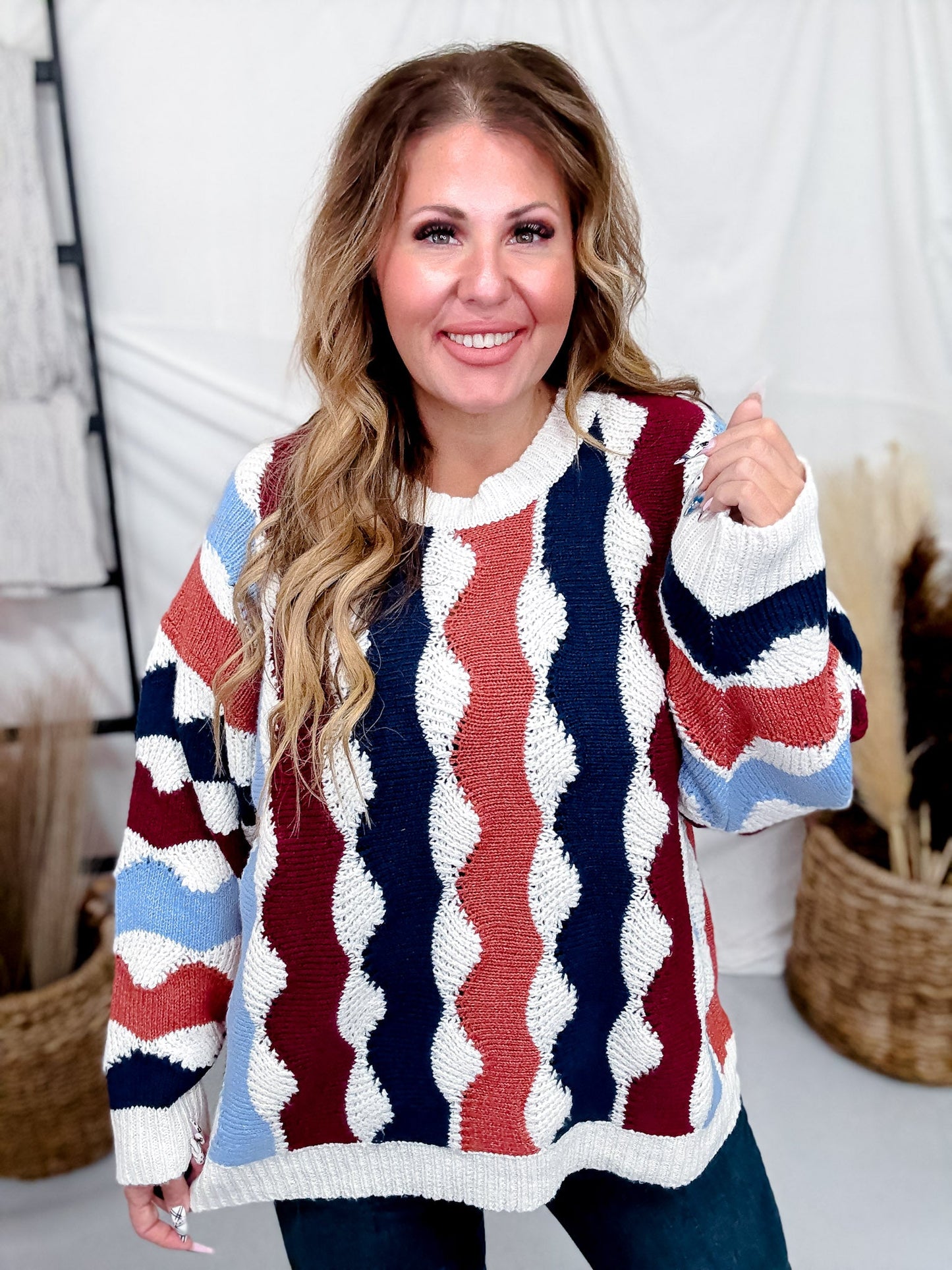 Wavy Pattern Multi Color Long Sleeve Sweater Top - Whiskey Skies - J.NNA