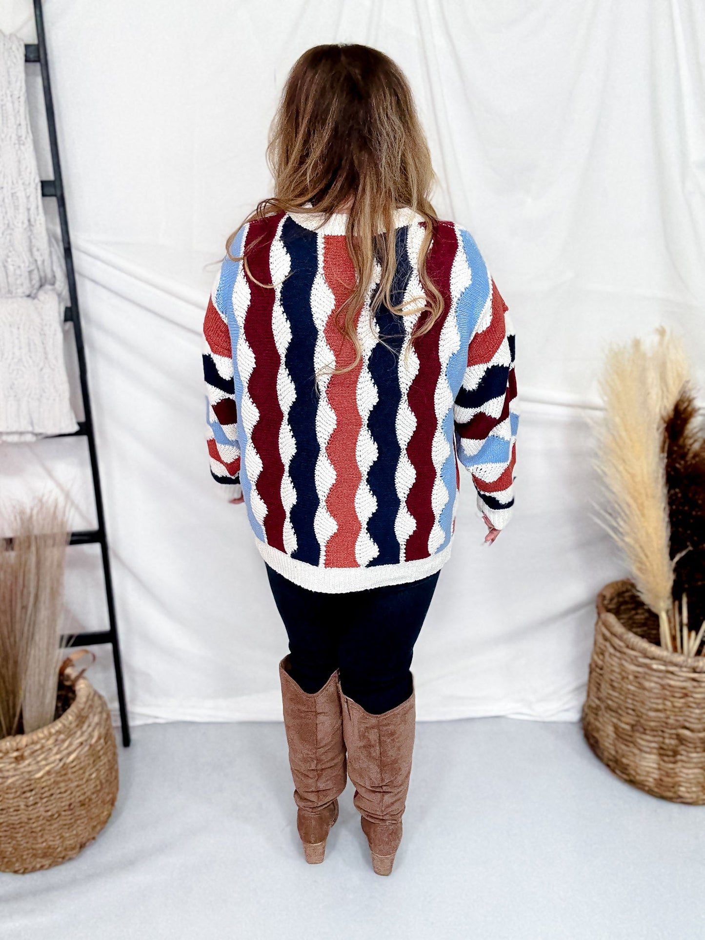 Wavy Pattern Multi Color Long Sleeve Sweater Top - Whiskey Skies - J.NNA