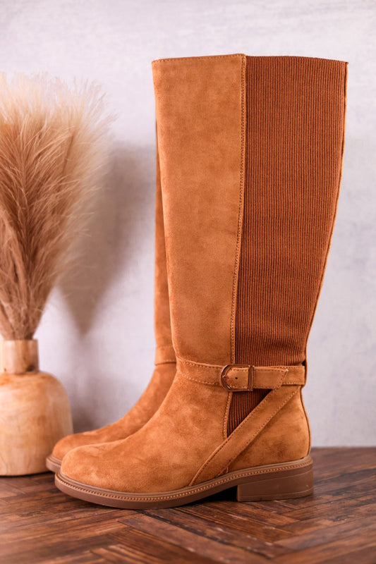 We Ride At Dawn Camel Faux Suede Knee High Boots - Whiskey Skies - CORKYS FOOTWEAR