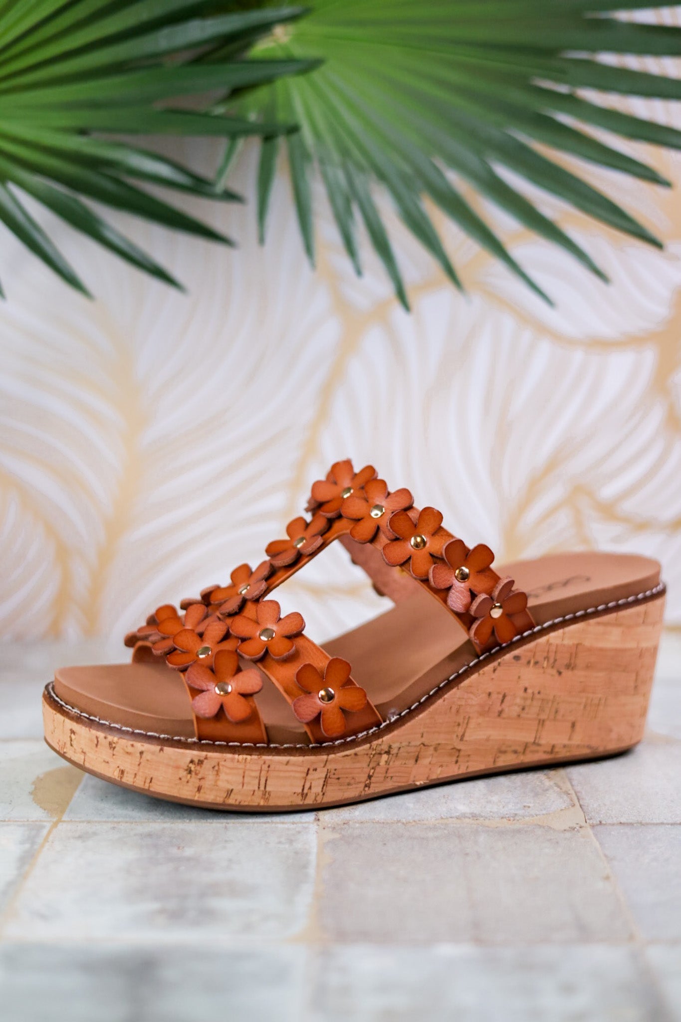 Wedge Sandals with Cognac Floral Straps - Whiskey Skies - CORKYS FOOTWEAR