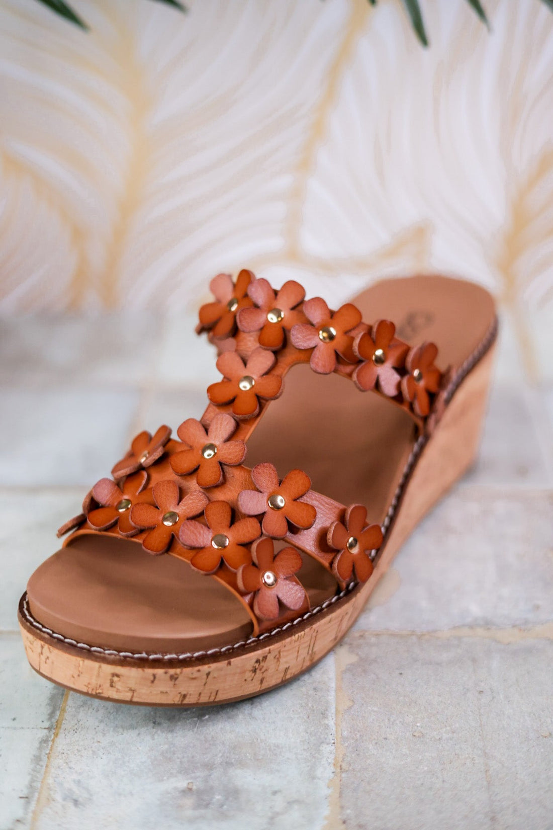 Wedge Sandals with Cognac Floral Straps - Whiskey Skies - CORKYS FOOTWEAR