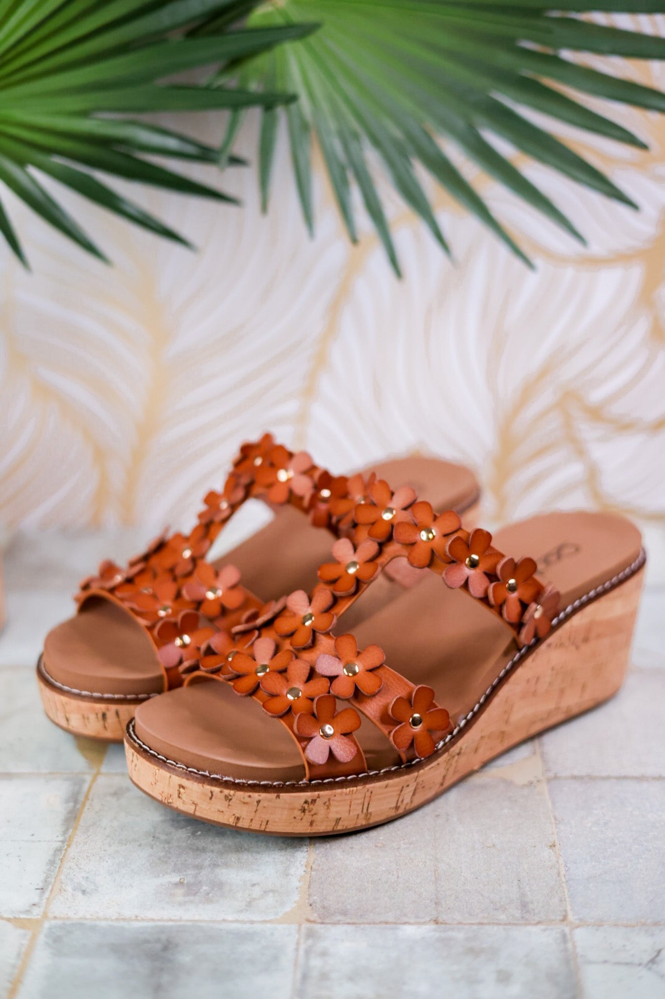 Wedge Sandals with Cognac Floral Straps - Whiskey Skies - CORKYS FOOTWEAR