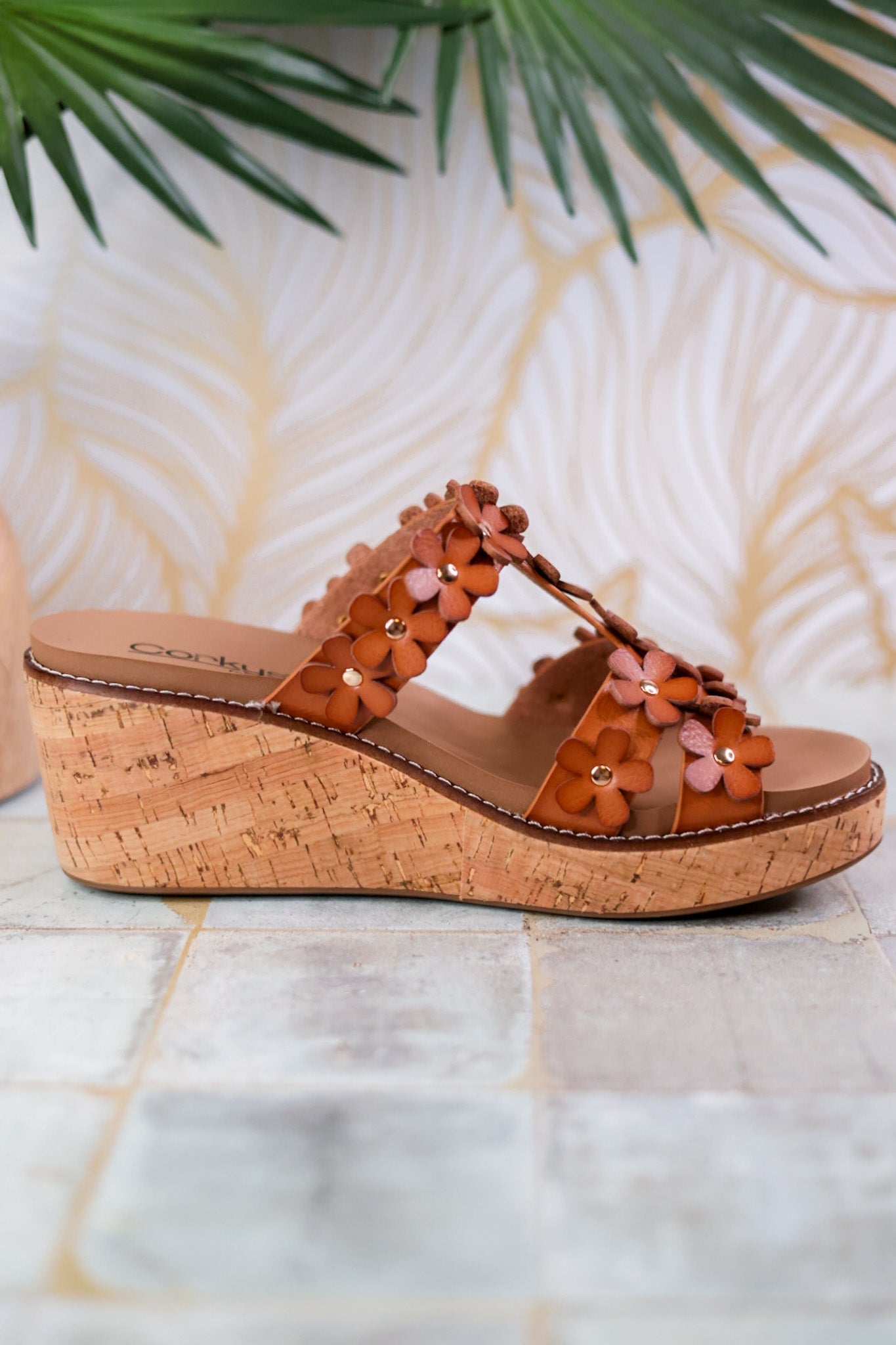 Wedge Sandals with Cognac Floral Straps - Whiskey Skies - CORKYS FOOTWEAR