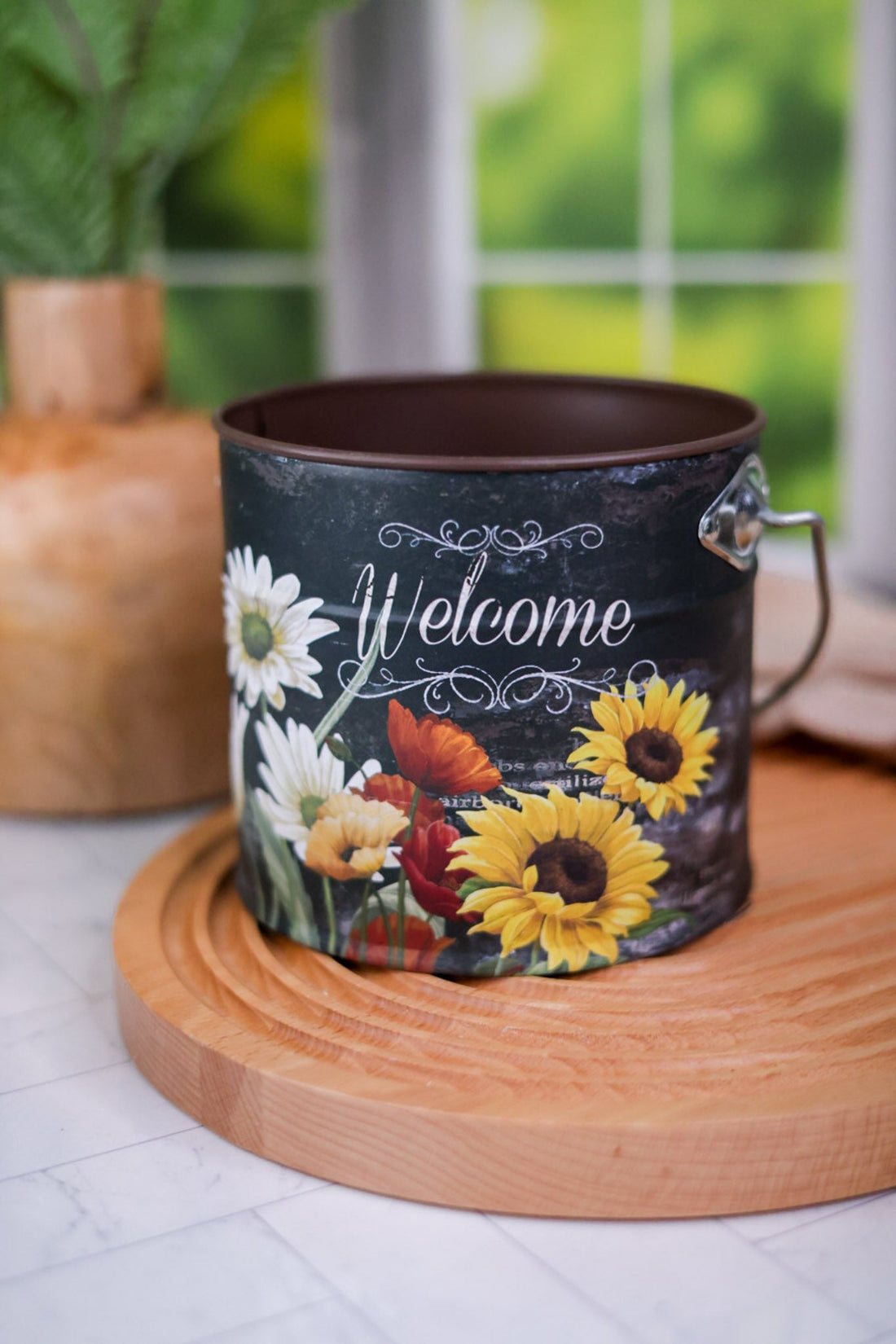 "Welcome" Metal Containers with Botanical Design (3 Colors) - Whiskey Skies - GERSON COMPANIES