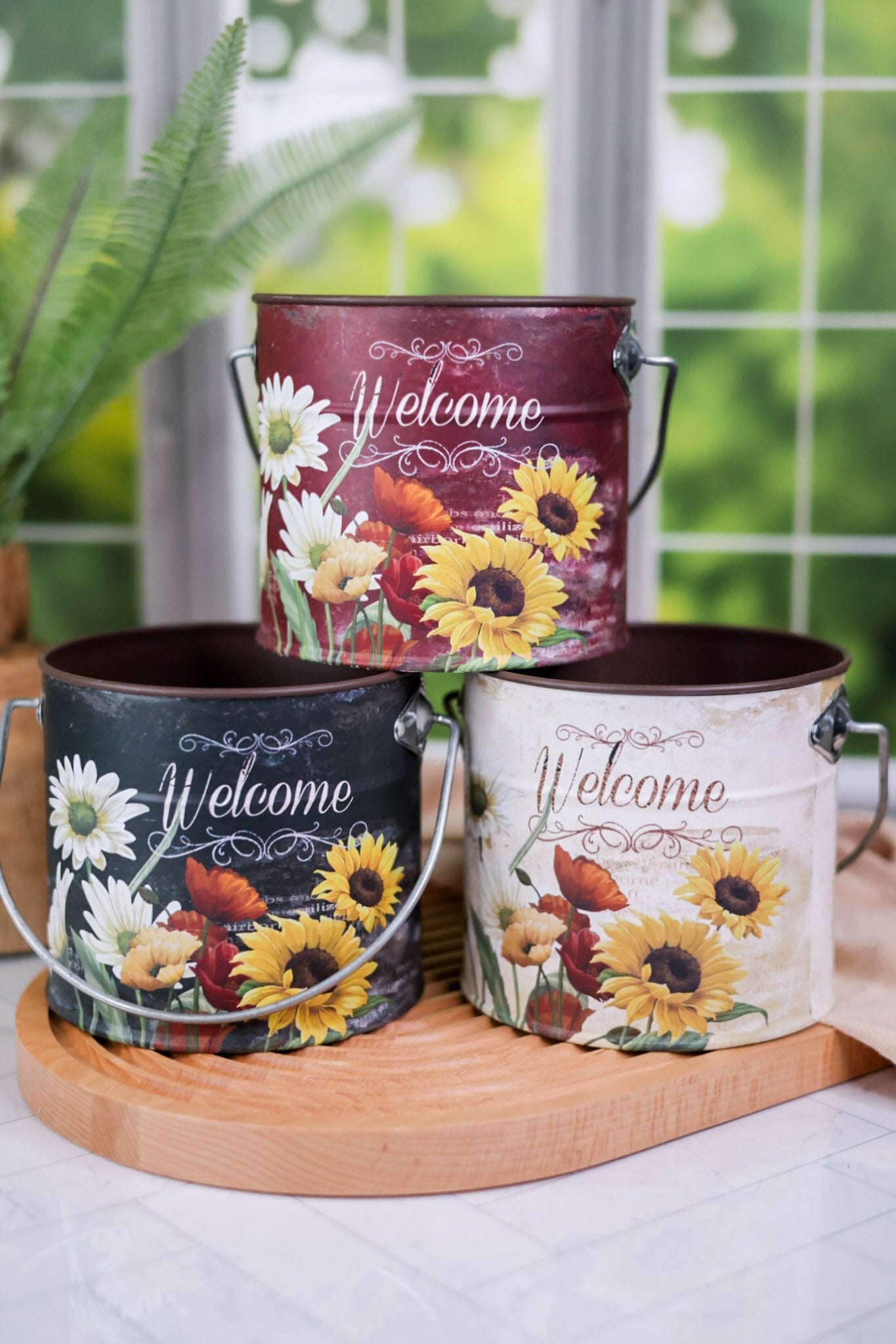 "Welcome" Metal Containers with Botanical Design (3 Colors) - Whiskey Skies - GERSON COMPANIES