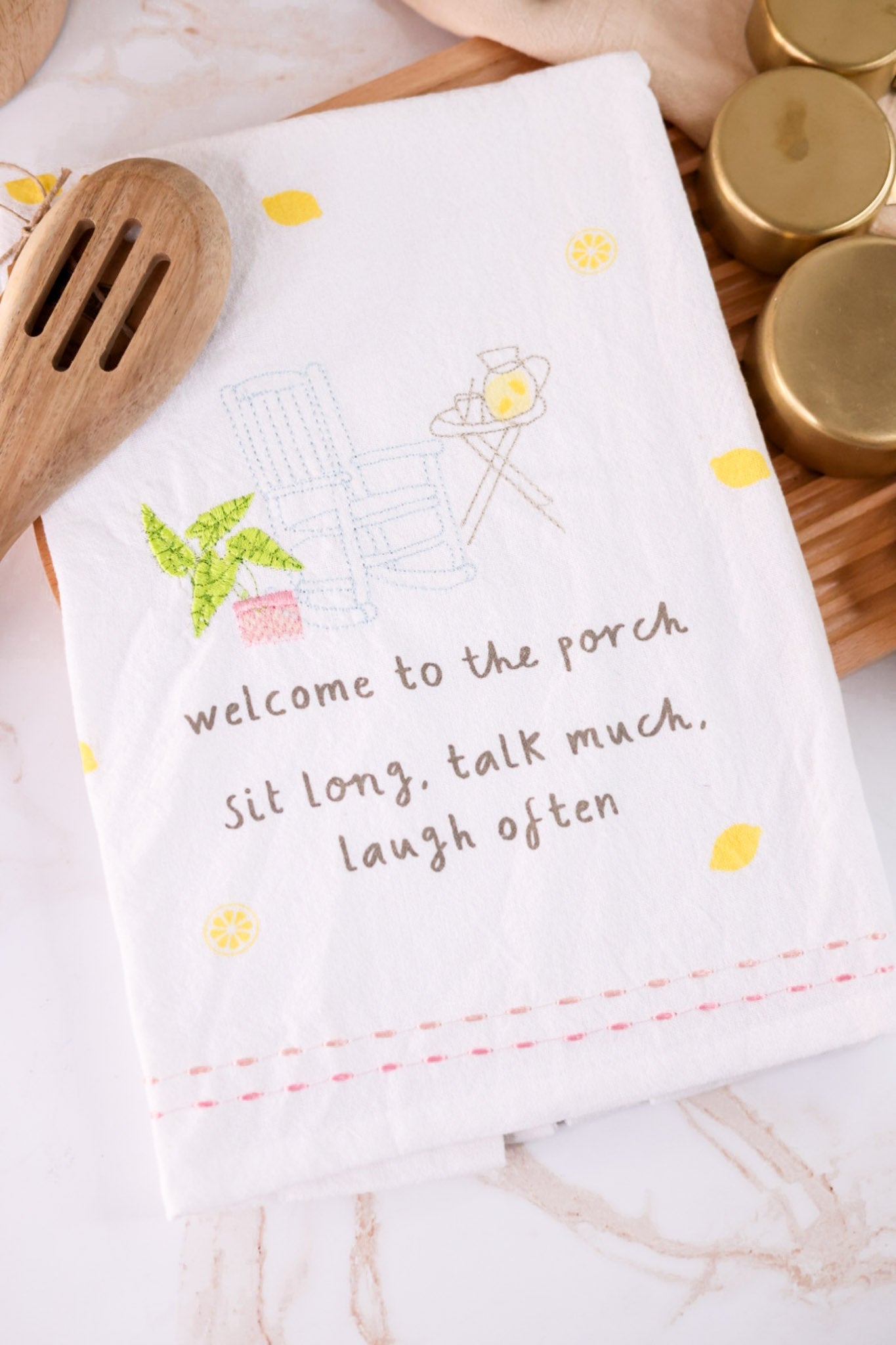 Welcome To The Porch Embroidered Flour Sack Towel - Whiskey Skies - MUD PIE