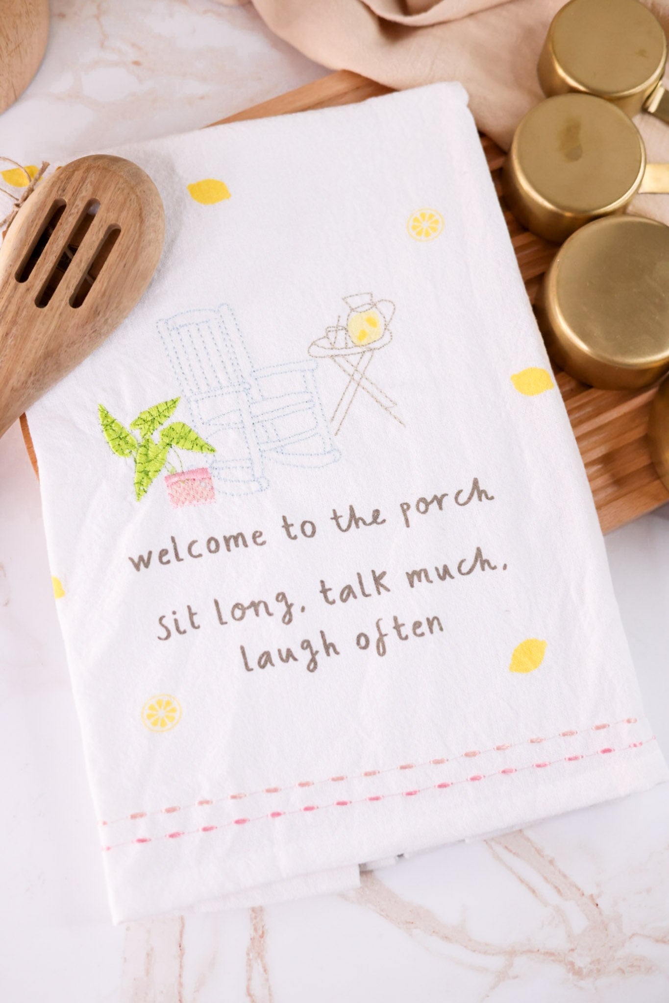 Welcome To The Porch Embroidered Flour Sack Towel - Whiskey Skies - MUD PIE