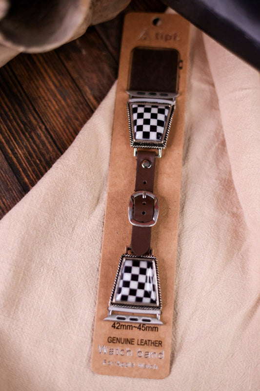 Western Black & White Checkered Genuine Leather Apple Watch Band - Whiskey Skies - SNOWING WEST