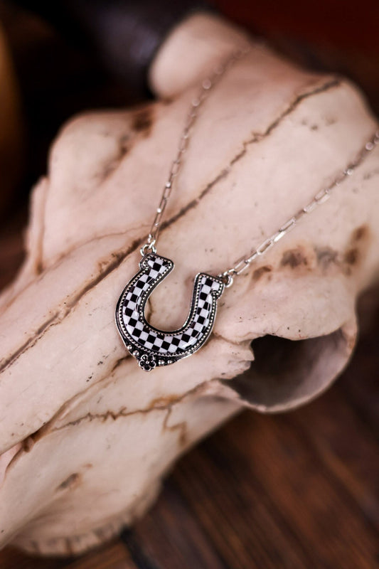 Western Black & White Checkered Horse Shoe Necklace - Whiskey Skies - SNOWING WEST