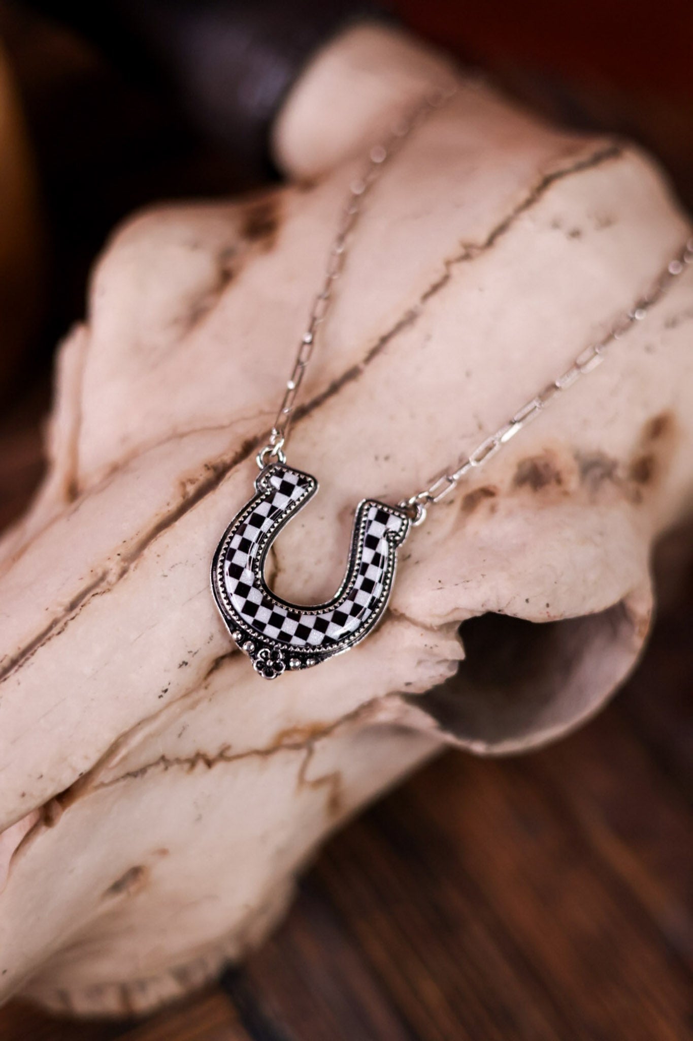 Western Black & White Checkered Horse Shoe Necklace - Whiskey Skies - SNOWING WEST