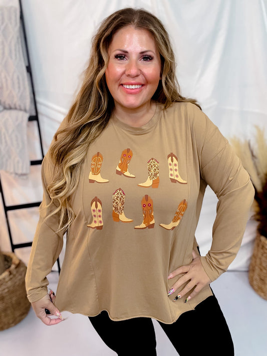 Western Boots Graphic Long Sleeve T-Shirt - Whiskey Skies - SOUTHERN GRACE