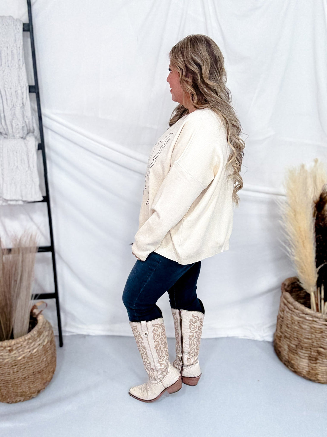 Western Embroidered Knit Sweatshirt - Whiskey Skies - POLAGRAM + BAEVELY