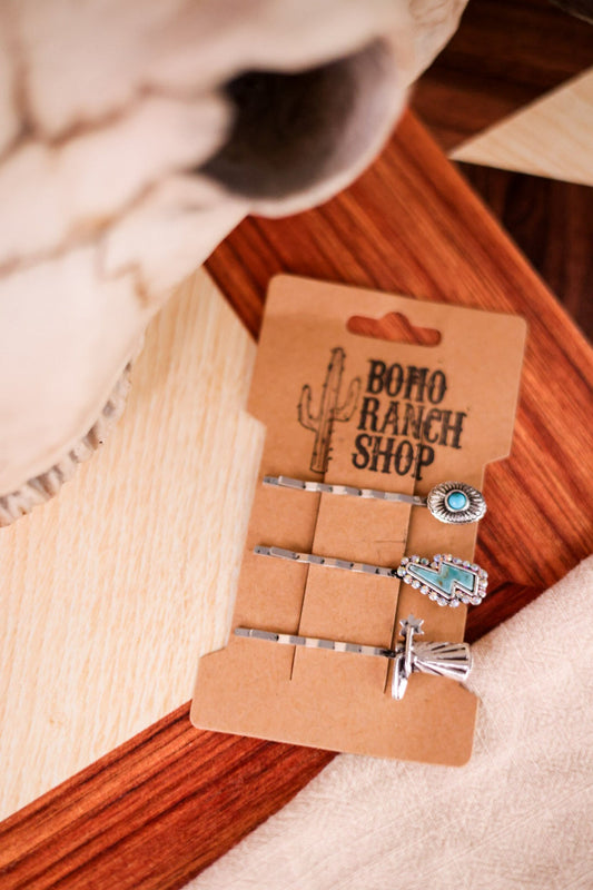 Western Hair Bobby Pins W/ Boot & Turquoise (Set Of Three) - Whiskey Skies - BOHO RANCH SHOP