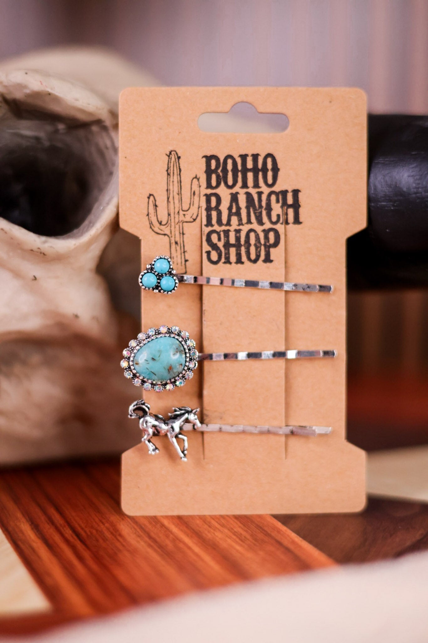 Western Hair Bobby Pins W/ Bronco & Turquoise (Set Of Three) - Whiskey Skies - BOHO RANCH SHOP