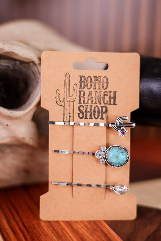 Western Hair Bobby Pins W/ Cactus & Turquoise (Set Of Three) - Whiskey Skies - BOHO RANCH SHOP