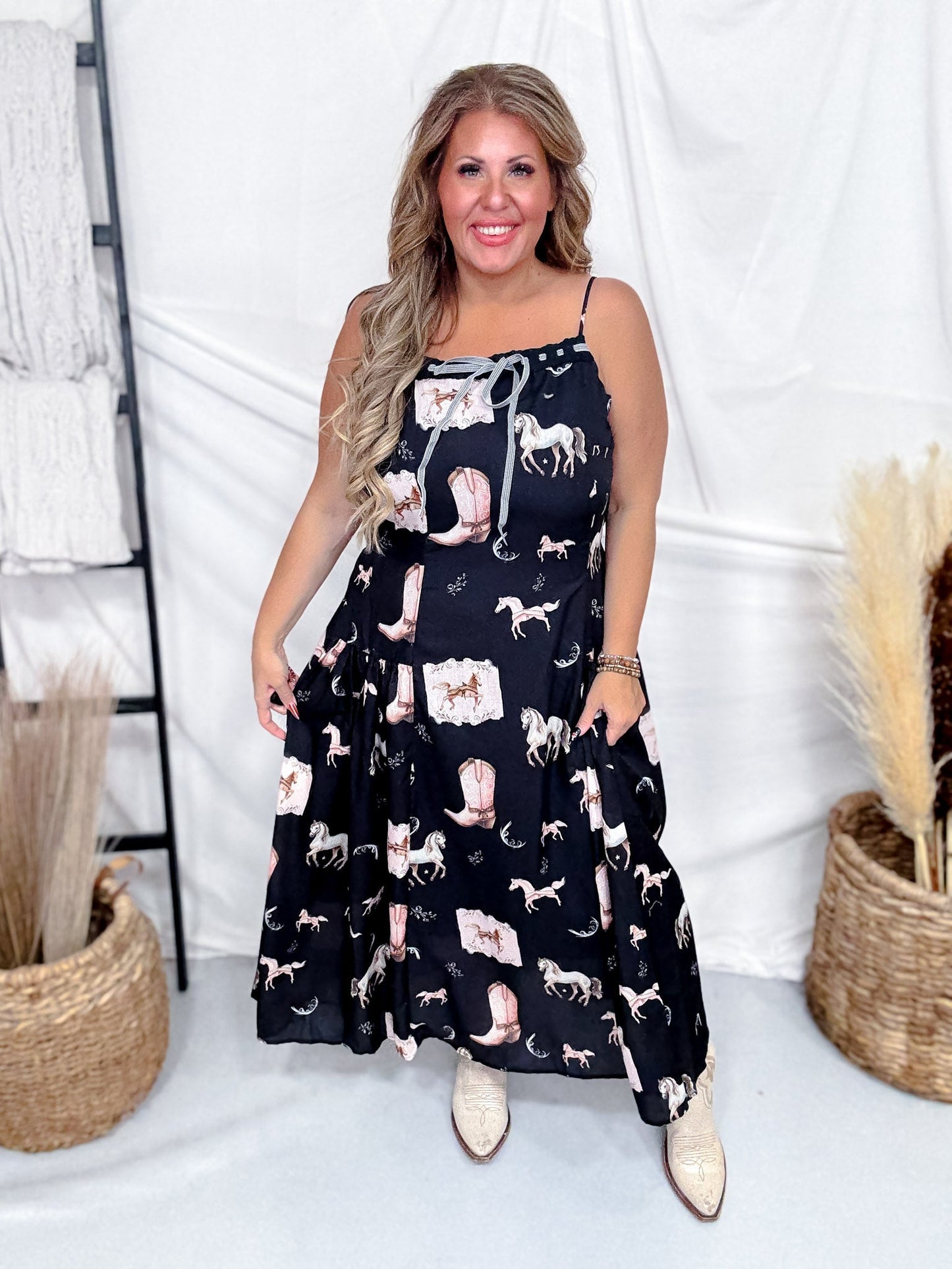 Western Horse Print Midi Dress With Drop Waist - Whiskey Skies - POLAGRAM + BAEVELY