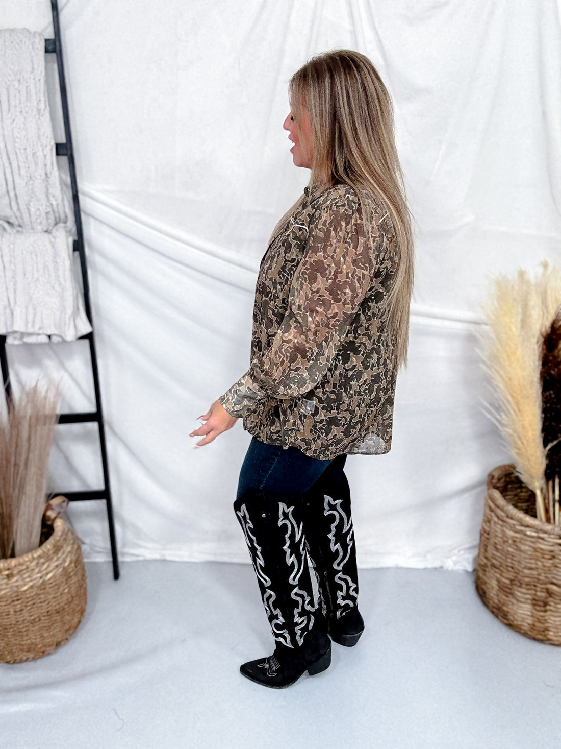 Western Inspired Camo Print Button Front Blouse - Whiskey Skies - 2 FLY CO.
