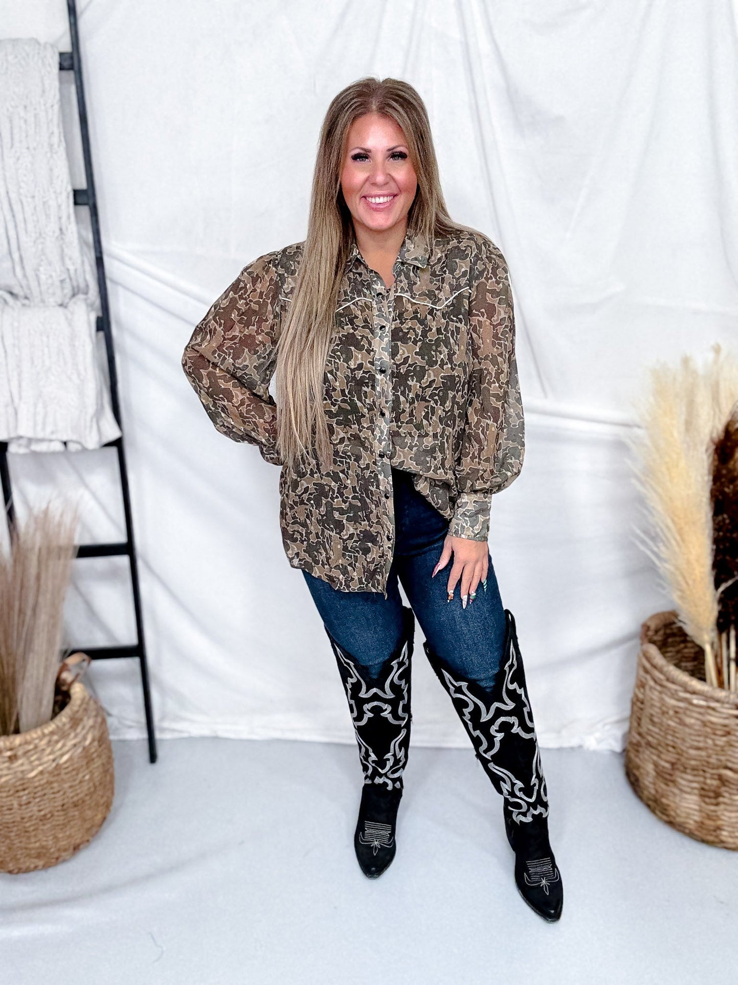 Western Inspired Camo Print Button Front Blouse - Whiskey Skies - 2 FLY CO.