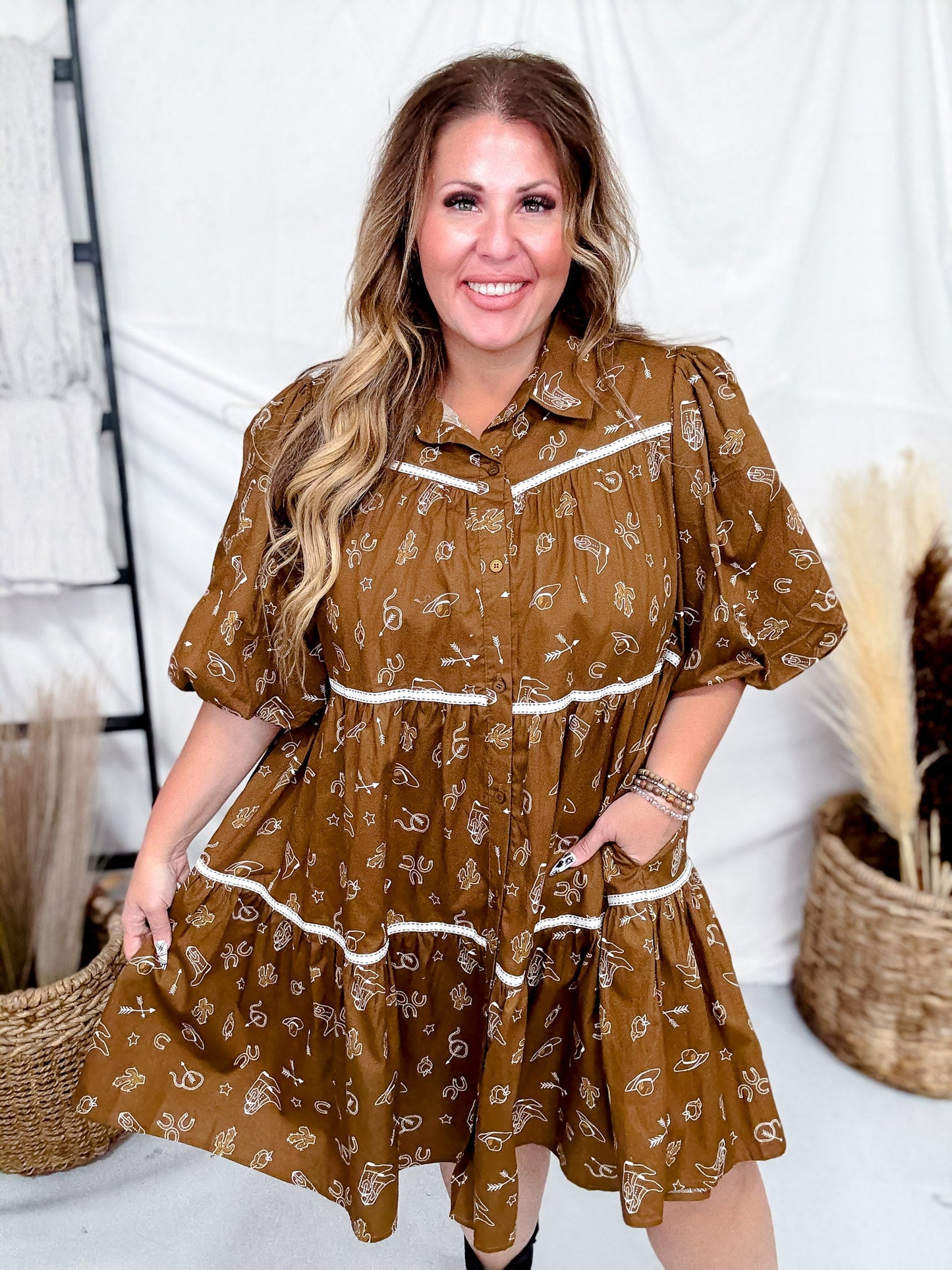 Western Print Mini Dress With Puff Sleeves - Whiskey Skies - ODDI