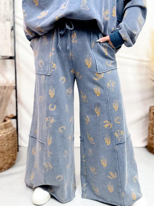Western Print Washed Terry Drawstring Waist Pants - Whiskey Skies - EASEL