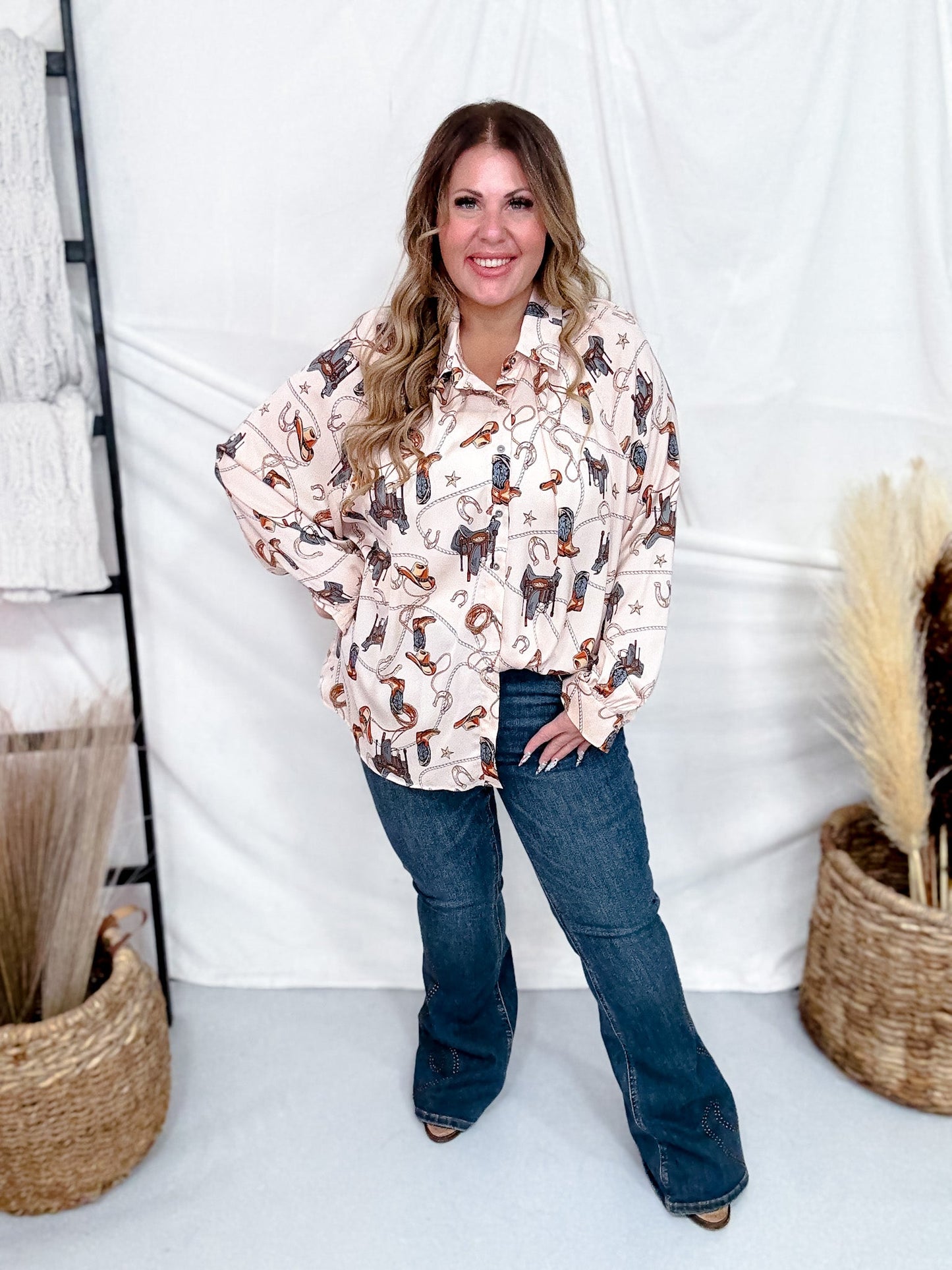 Western Printed Button Down Satin Shirt - Whiskey Skies - EASEL