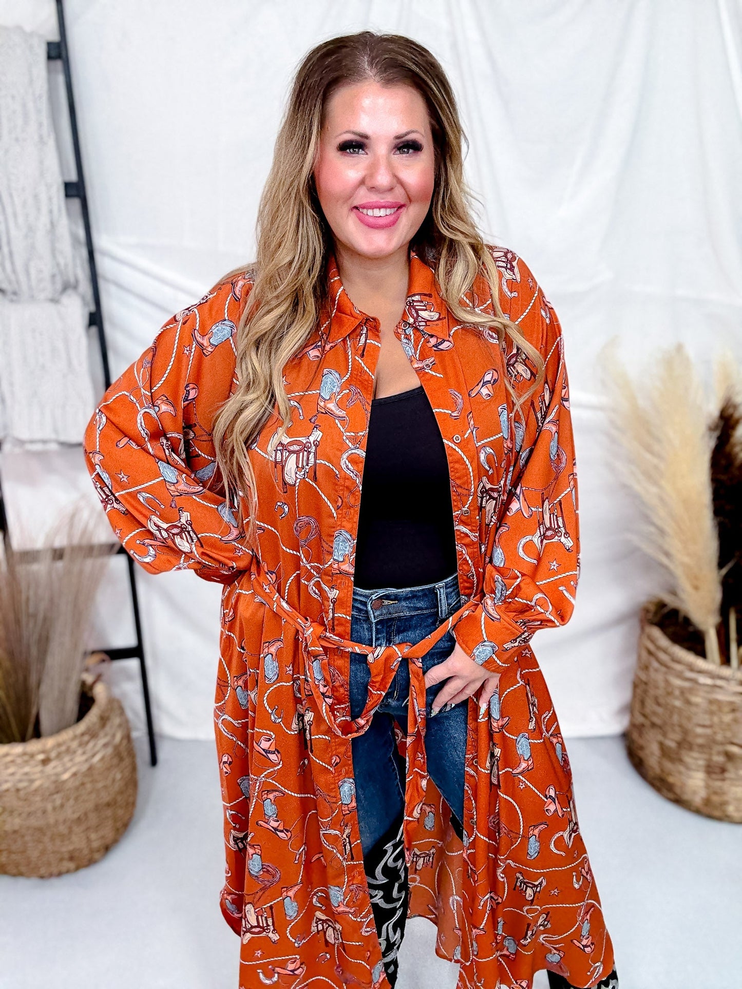 Western Printed Satin Button Down Dress - Whiskey Skies - EASEL