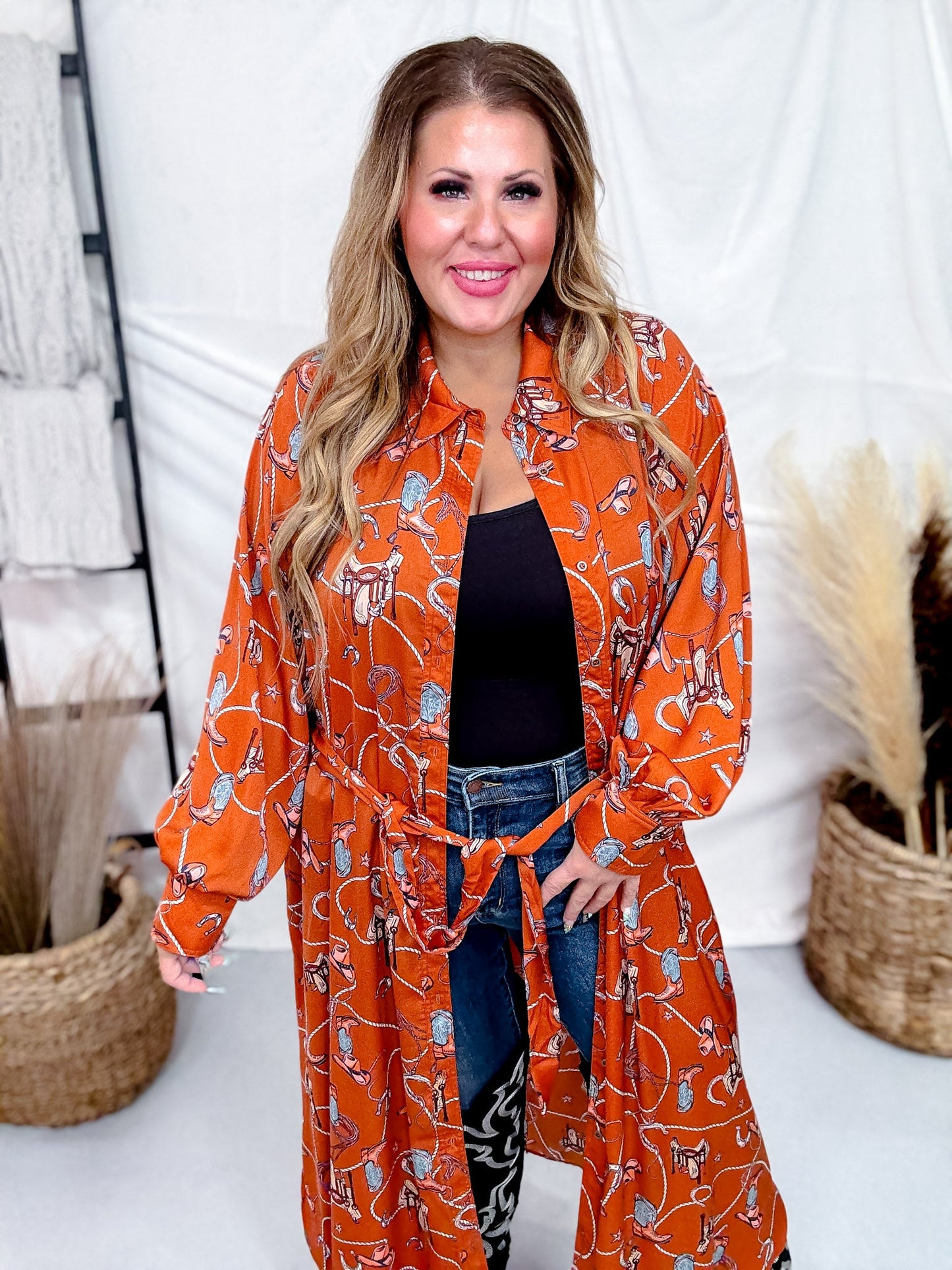 Western Printed Satin Button Down Dress - Whiskey Skies - EASEL