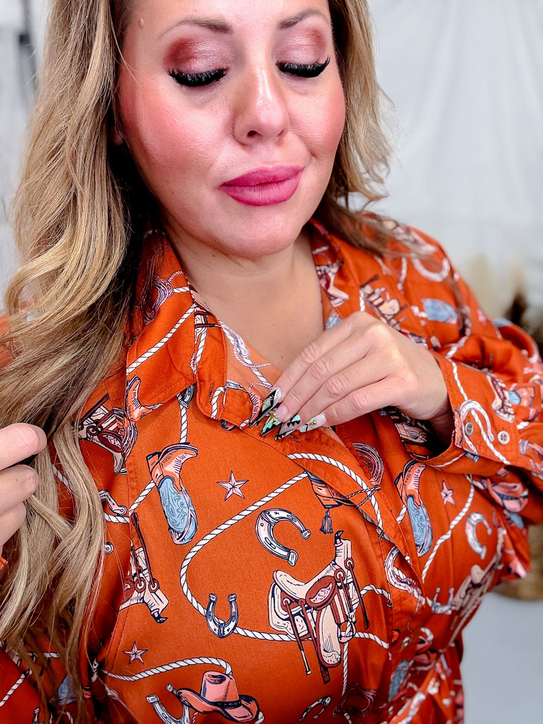 Western Printed Satin Button Down Dress - Whiskey Skies - EASEL