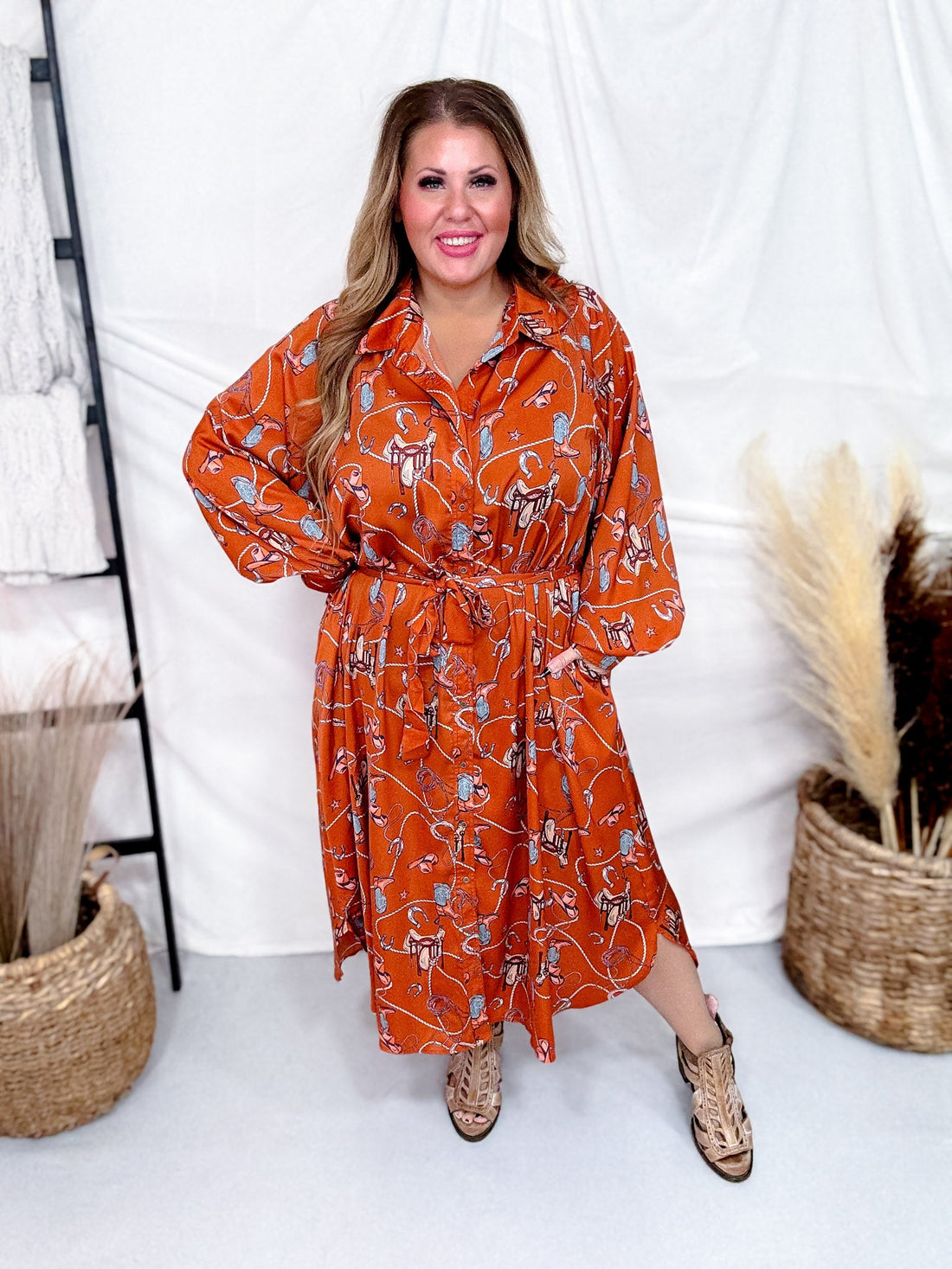 Western Printed Satin Button Down Dress - Whiskey Skies - EASEL