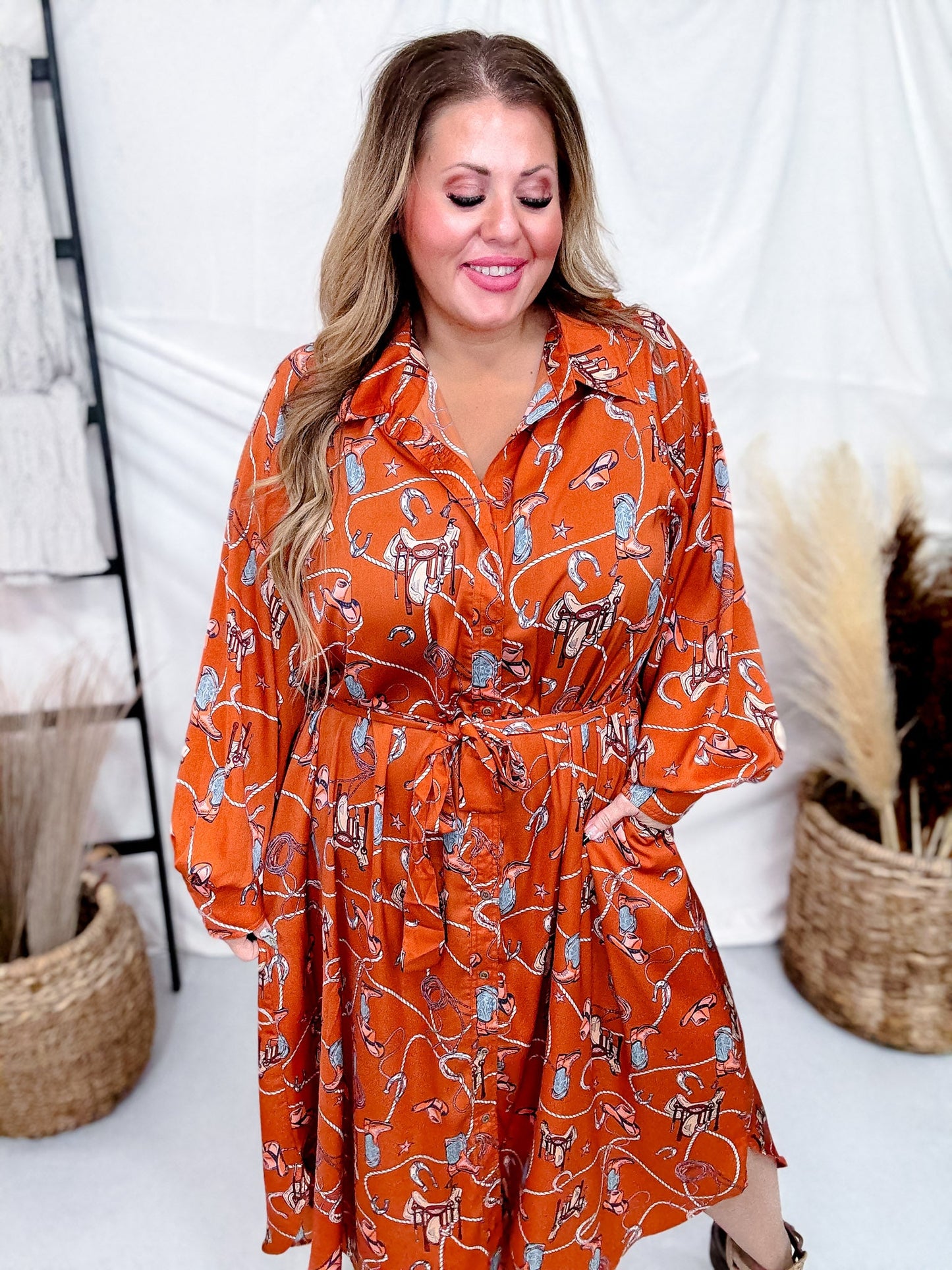 Western Printed Satin Button Down Dress - Whiskey Skies - EASEL