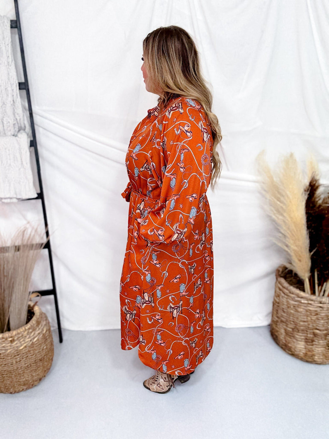 Western Printed Satin Button Down Dress - Whiskey Skies - EASEL