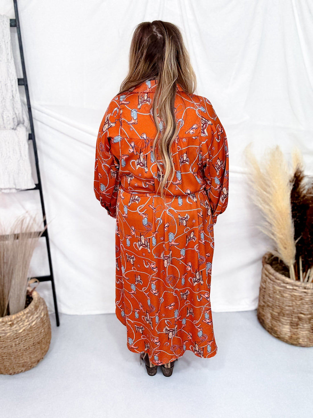 Western Printed Satin Button Down Dress - Whiskey Skies - EASEL