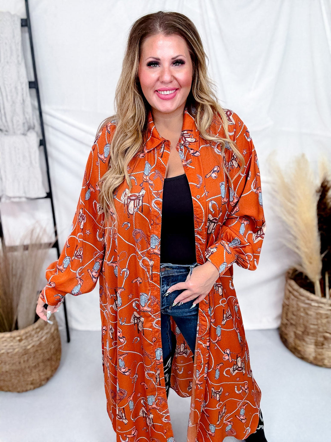 Western Printed Satin Button Down Dress - Whiskey Skies - EASEL