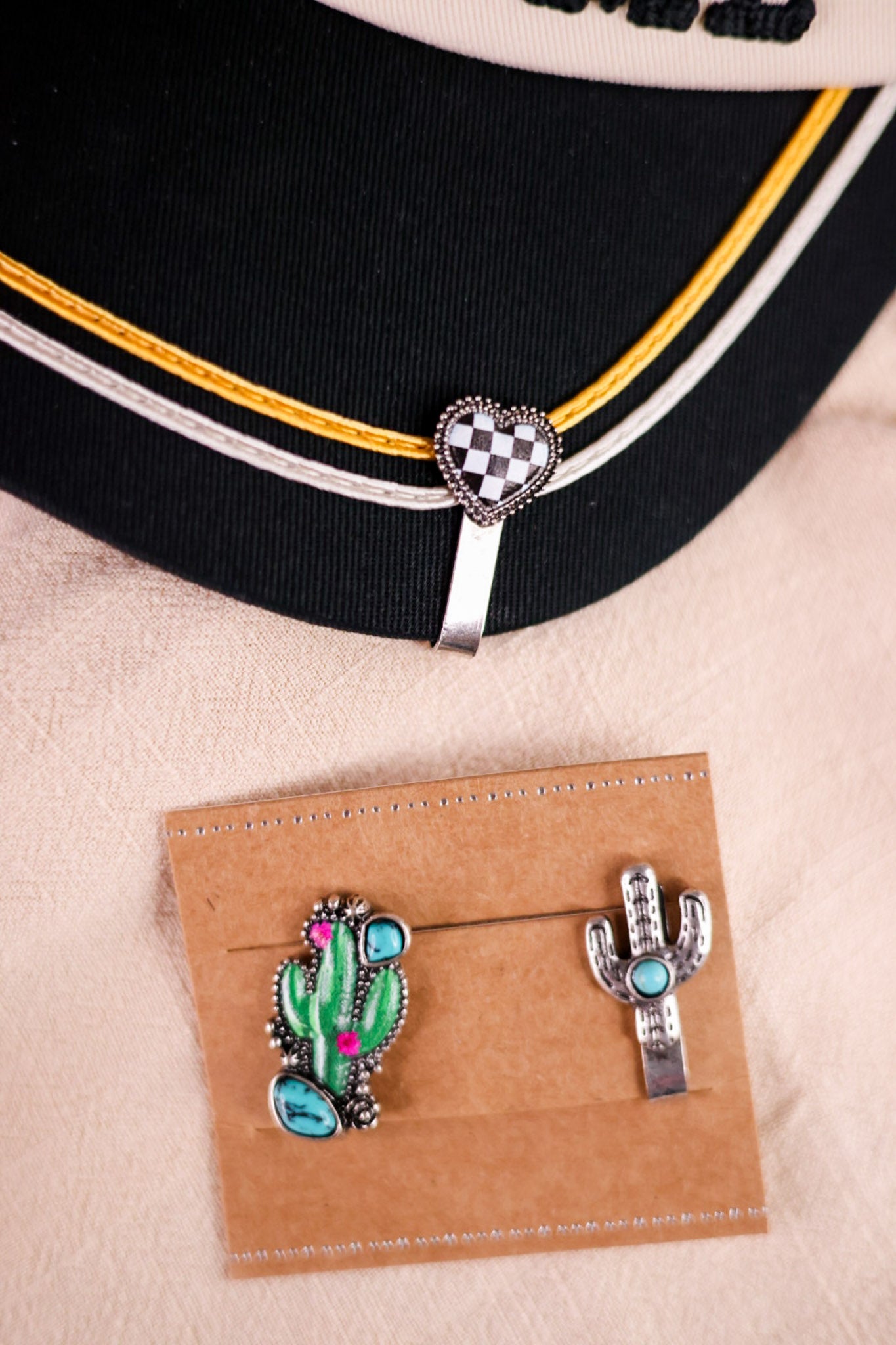 Western Slip On Hat Charm W/ Cactus & Checkered Heart (Set Of Three) - Whiskey Skies - BOHO RANCH SHOP