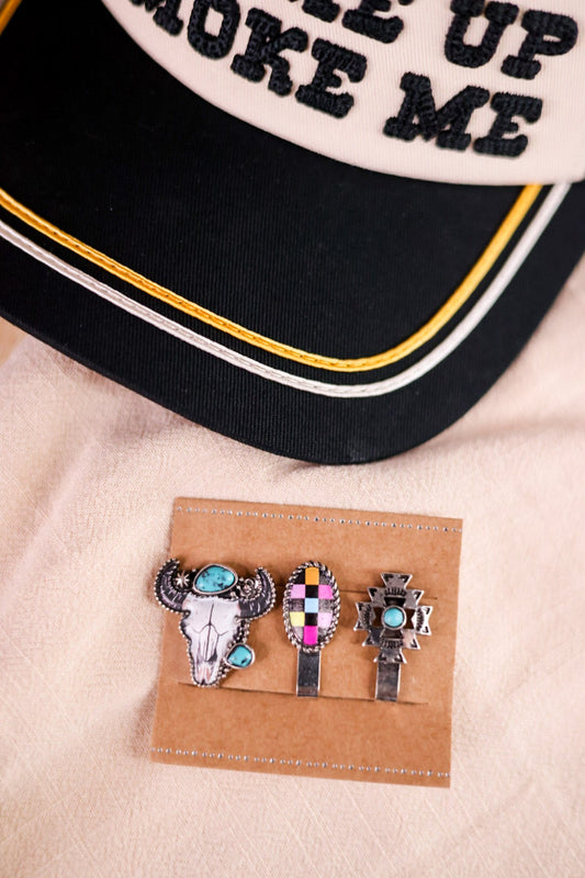 Western Slip On Hat Charm W/ Steer & Aztec (Set Of Three) - Whiskey Skies - BOHO RANCH SHOP