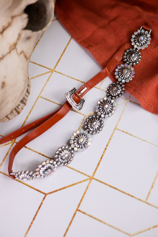 Western Style Adjustable Hat Band With Iridescent Conchos - Whiskey Skies - BOHO RANCH SHOP