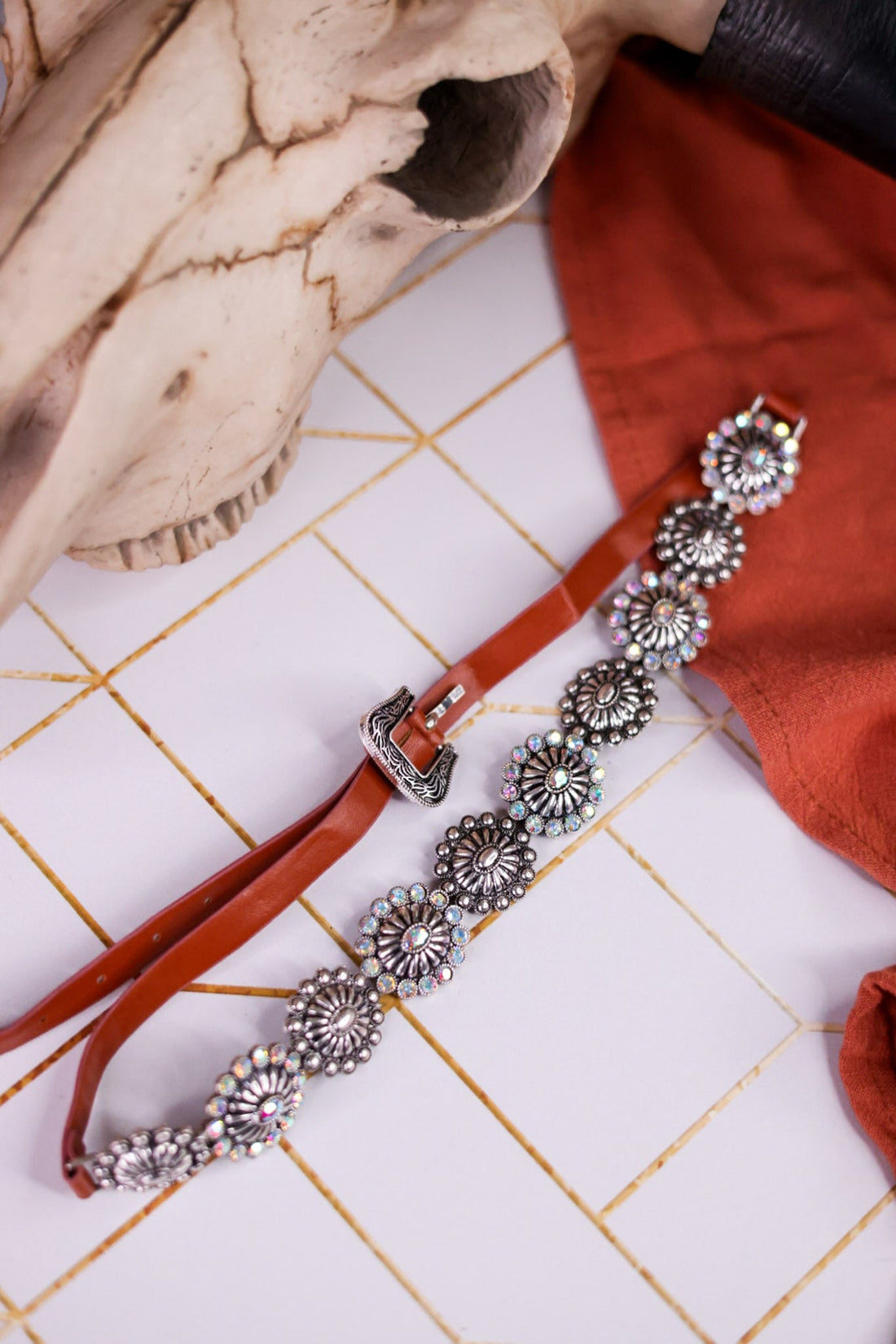 Western Style Adjustable Hat Band With Iridescent Conchos - Whiskey Skies - BOHO RANCH SHOP