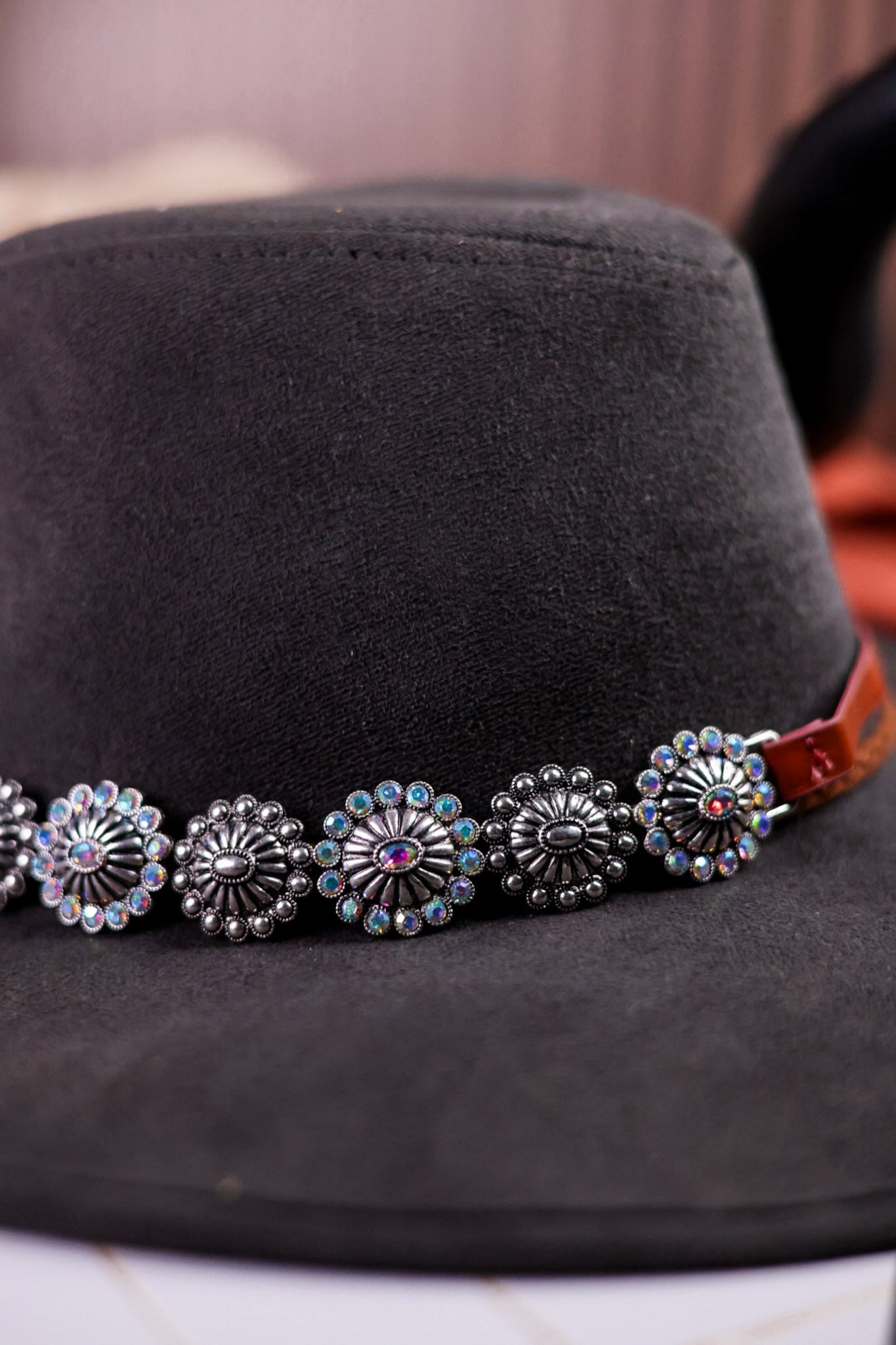 Western Style Adjustable Hat Band With Iridescent Conchos - Whiskey Skies - BOHO RANCH SHOP