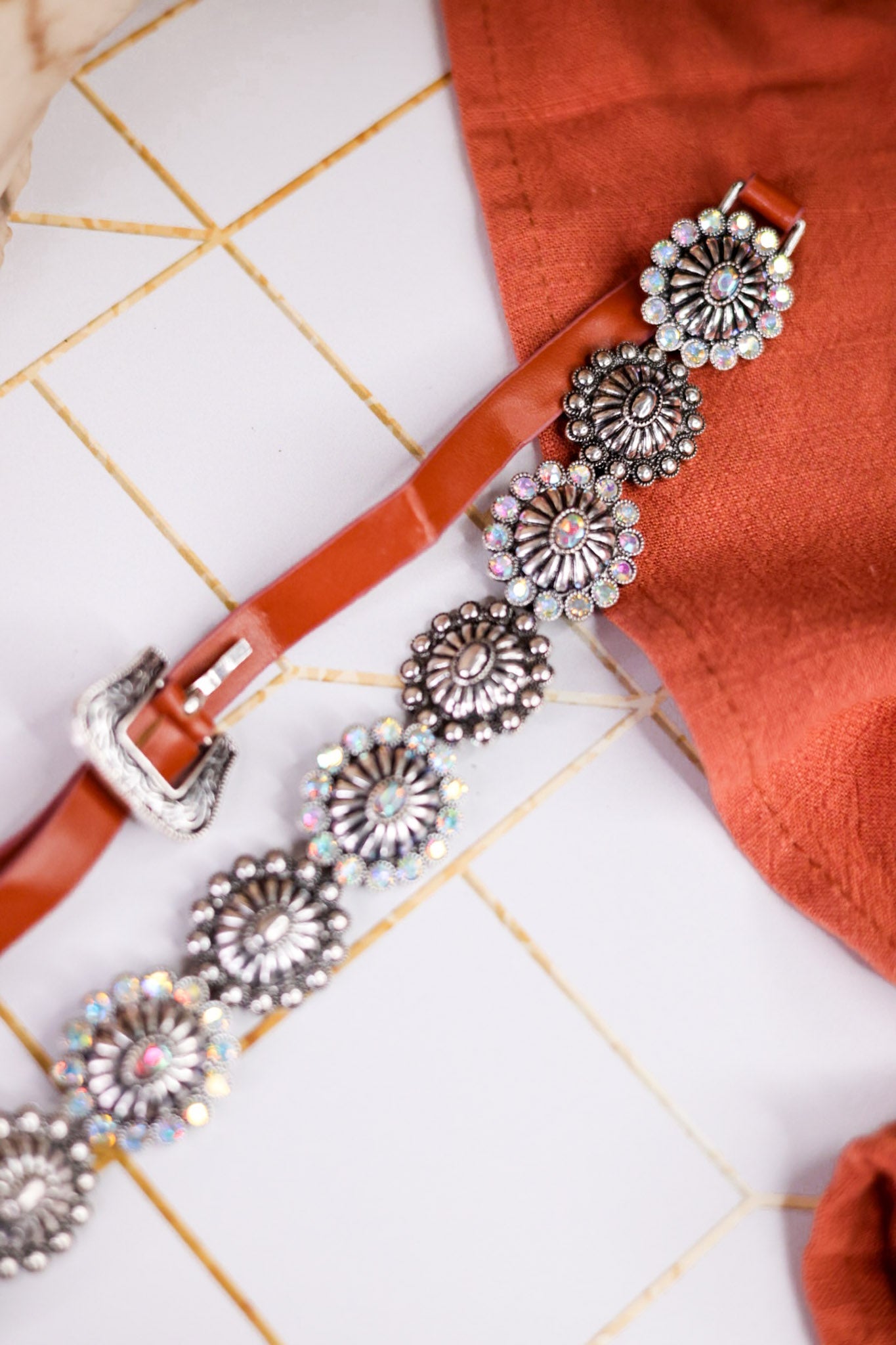 Western Style Adjustable Hat Band With Iridescent Conchos - Whiskey Skies - BOHO RANCH SHOP