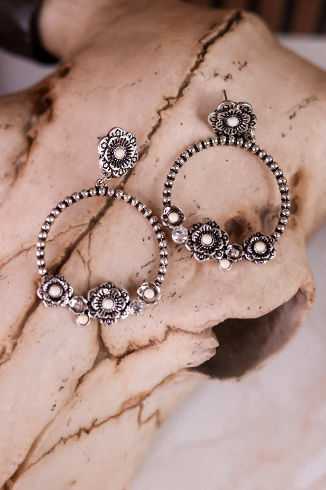 Western Style Flower Drop Hoop Earrings - Whiskey Skies - BOHO RANCH SHOP