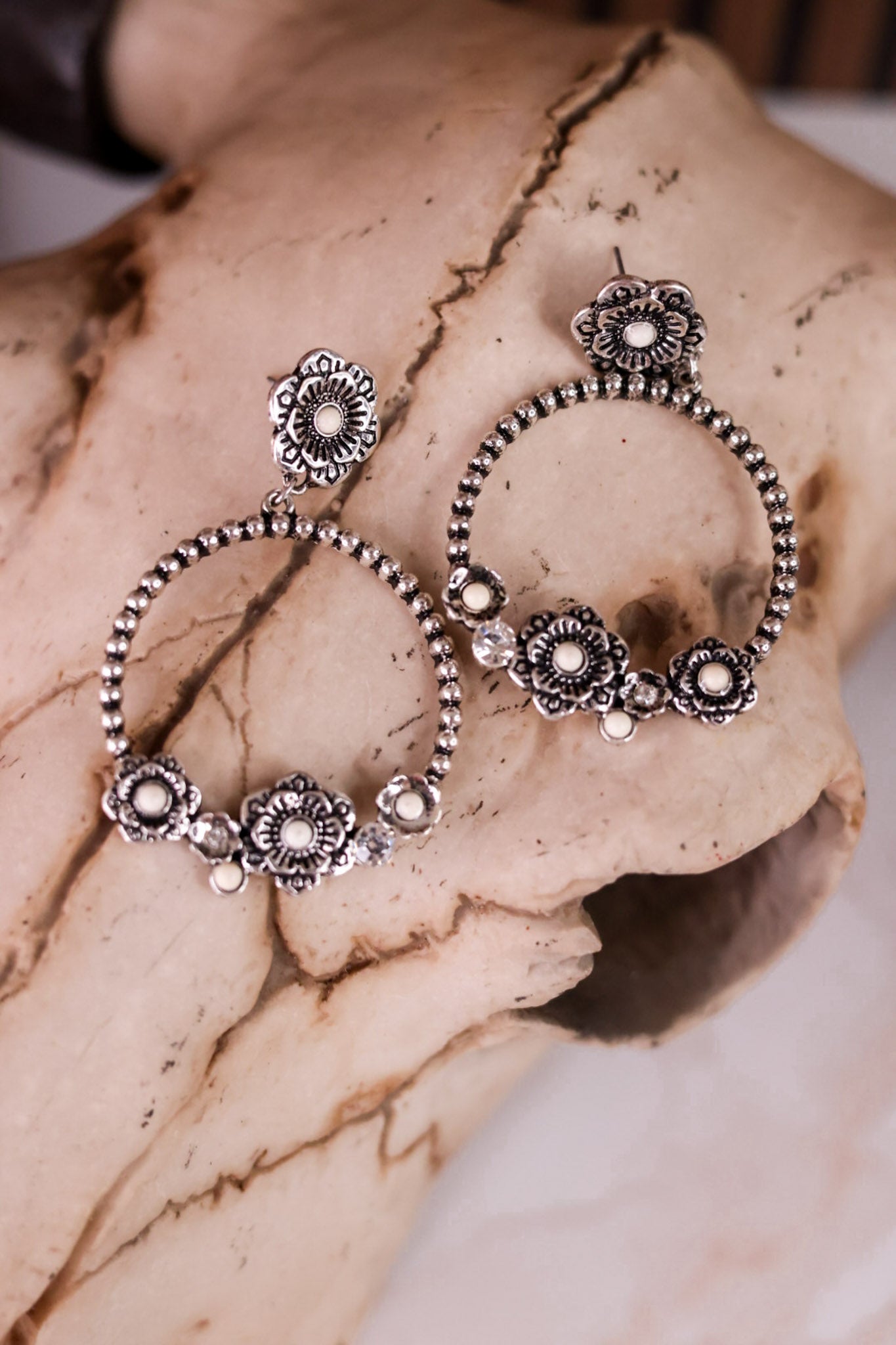 Western Style Flower Drop Hoop Earrings - Whiskey Skies - BOHO RANCH SHOP