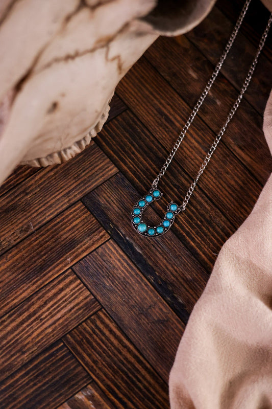 Western Style Horseshoe Pendant Necklace With Turquoise Stones - Whiskey Skies - BOHO RANCH SHOP