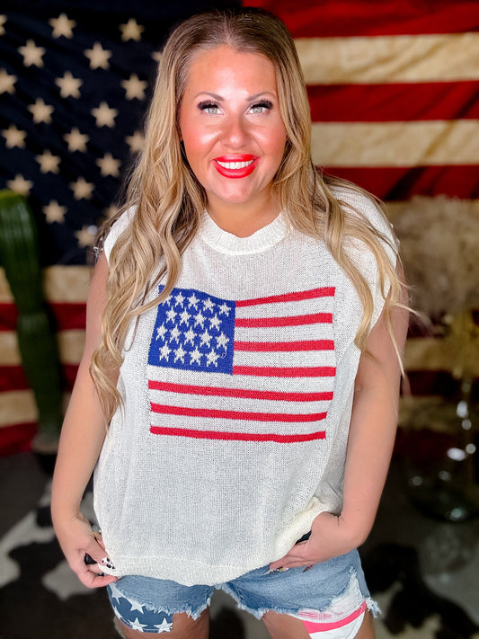 White American Flag Drop Shoulder Knit Pullover - Whiskey Skies - SWEET GENERIS