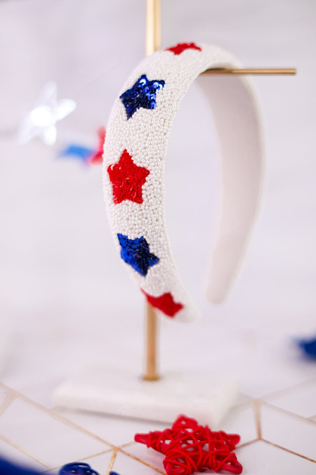 White Beaded Headband With Beaded Red White & Blue Stars - Whiskey Skies - MUD PIE