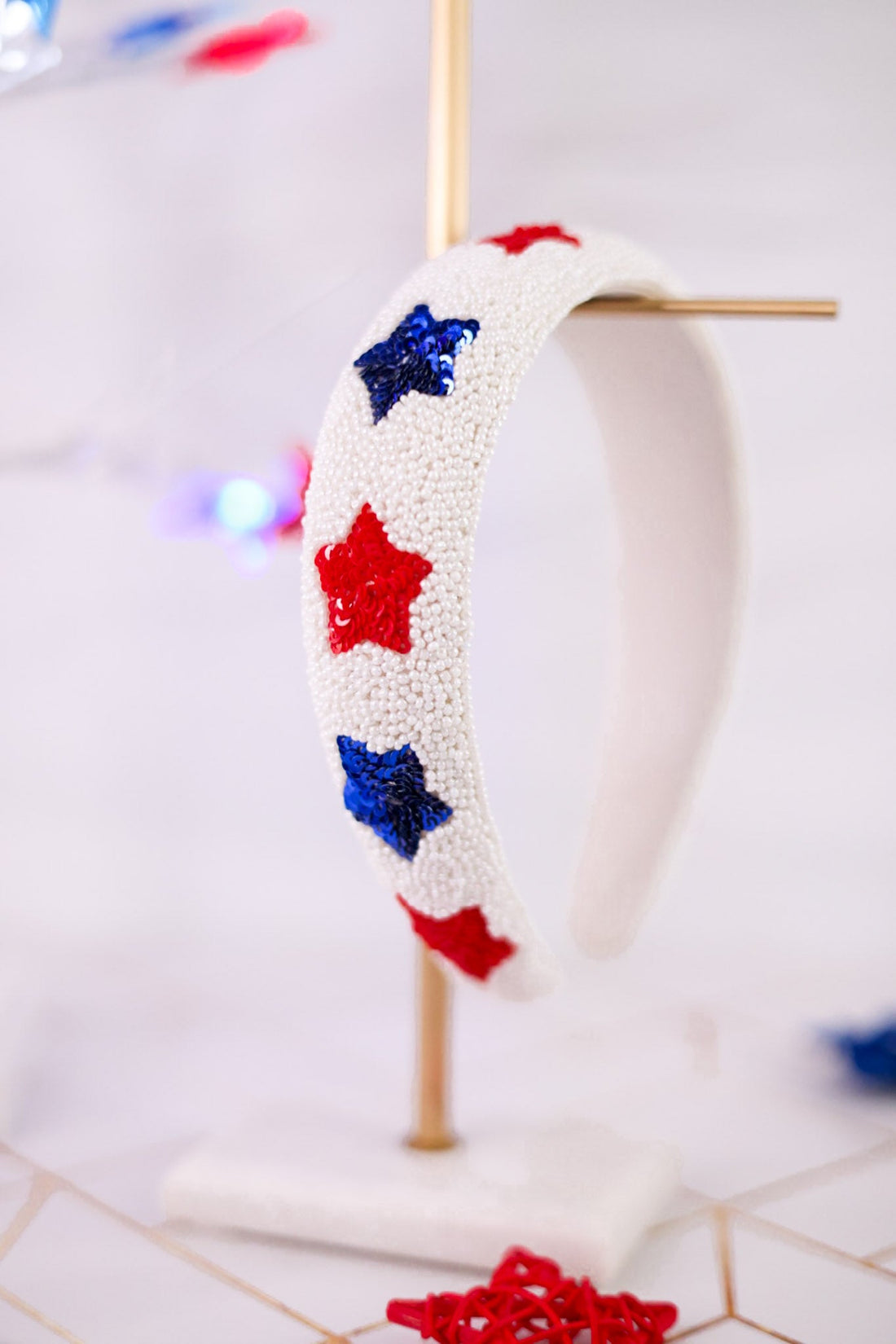 White Beaded Headband With Beaded Red White & Blue Stars - Whiskey Skies - MUD PIE