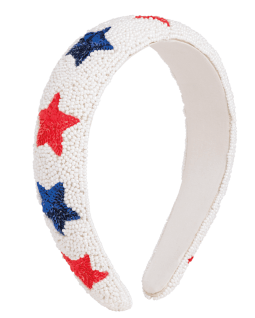 White Beaded Headband With Beaded Red White & Blue Stars - Whiskey Skies - MUD PIE