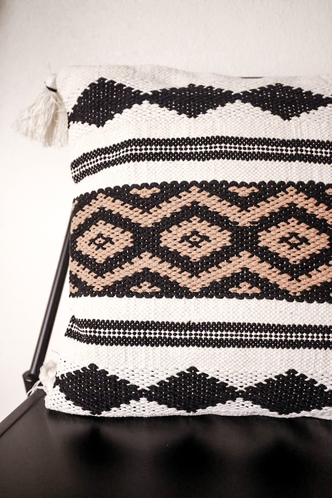 White Black & Tan Loom Woven Pillow W/ Tassels - Whiskey Skies - K&K INTERIORS