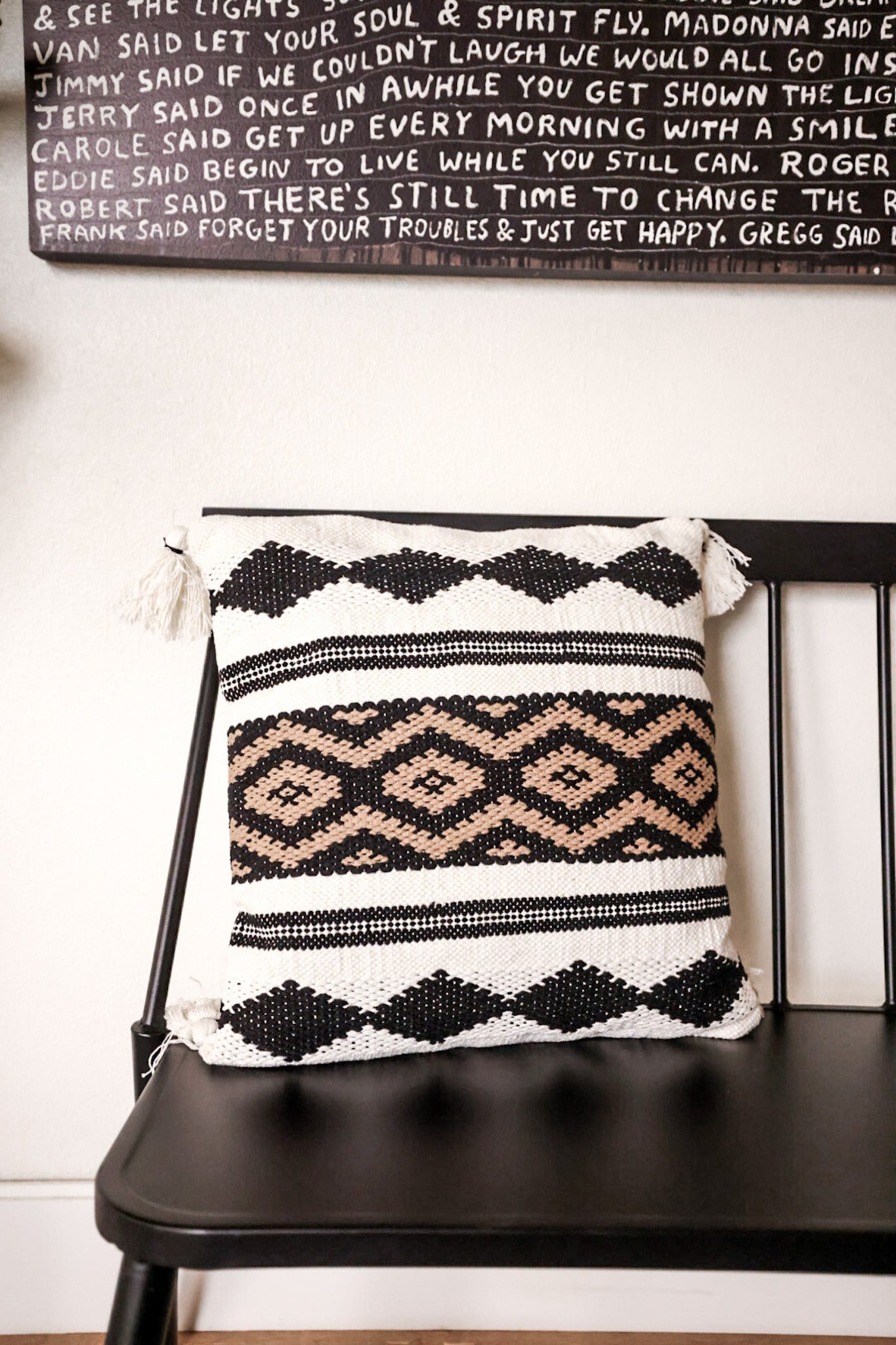 White Black & Tan Loom Woven Pillow W/ Tassels - Whiskey Skies - K&K INTERIORS