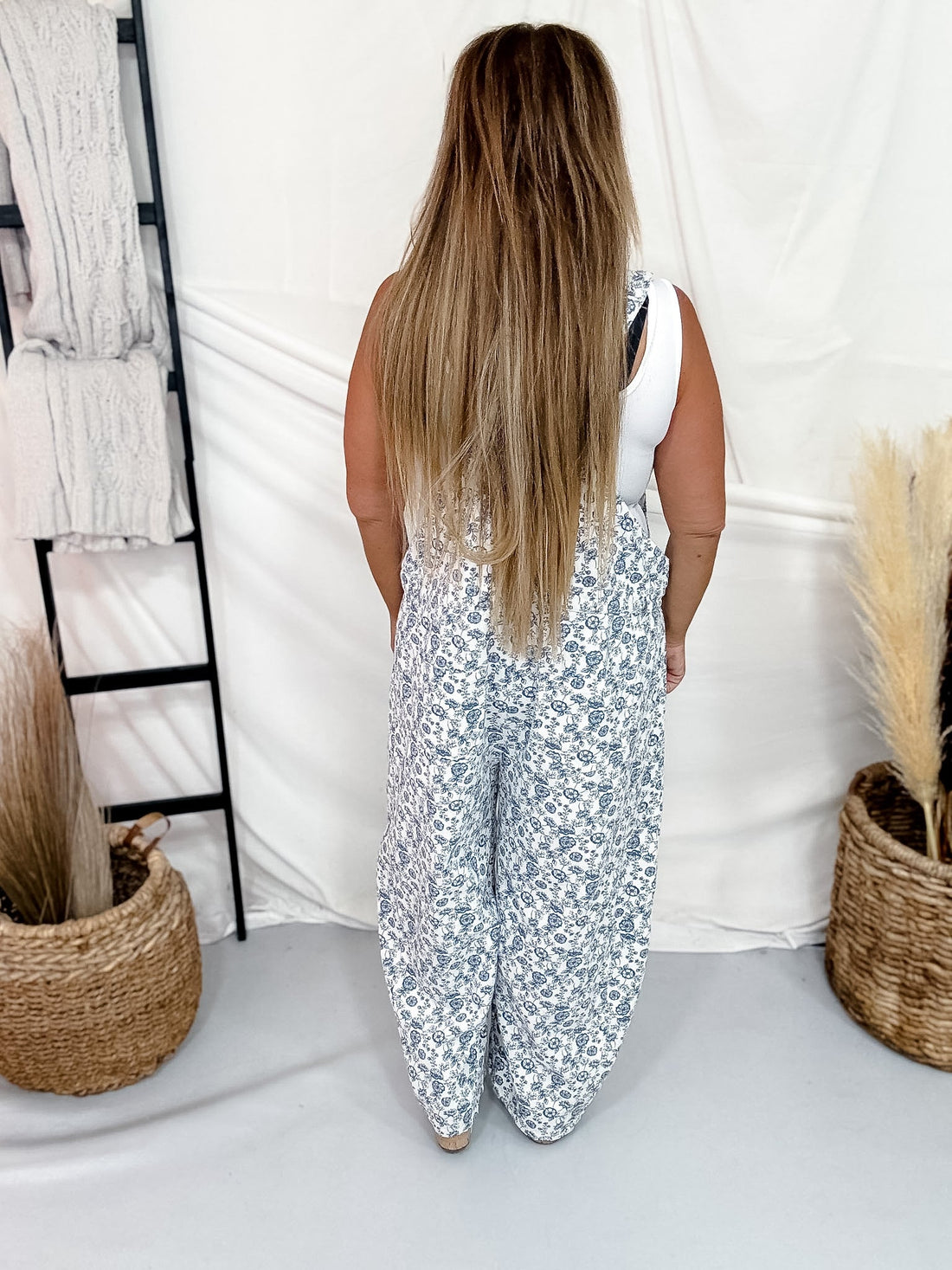 White & Blue Floral Print Denim Overalls With Barrel Legs - Whiskey Skies - ODDI